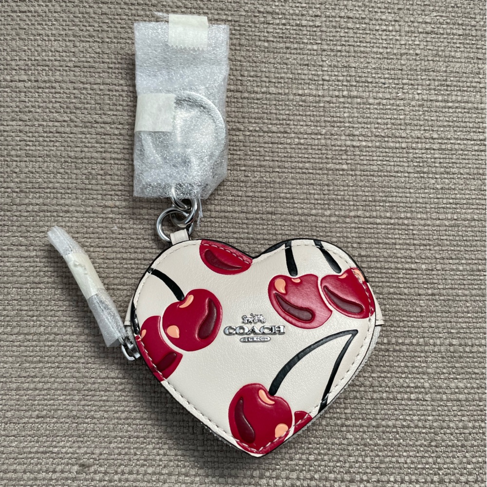 Coach Heart Coin Pouch Bag Charm With Cherry Print Chalk Multi NWT